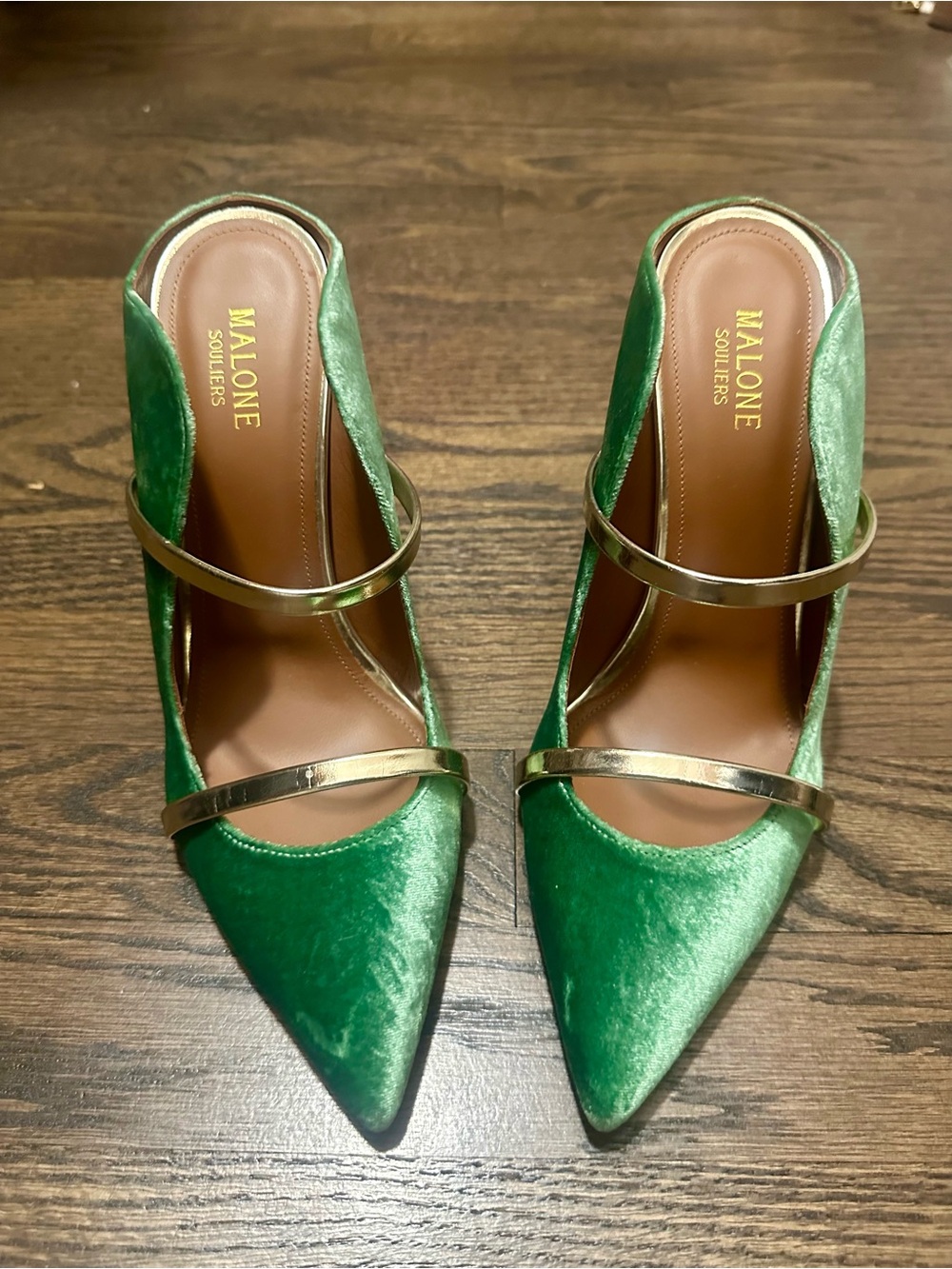 Malone Souliers Green Velvet Pointed-Toe Heels with Gold Straps Size 40